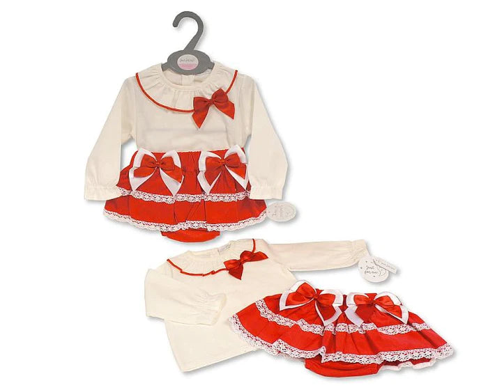 Girls Red 2 Piece Skirt Set With Lace And Bows