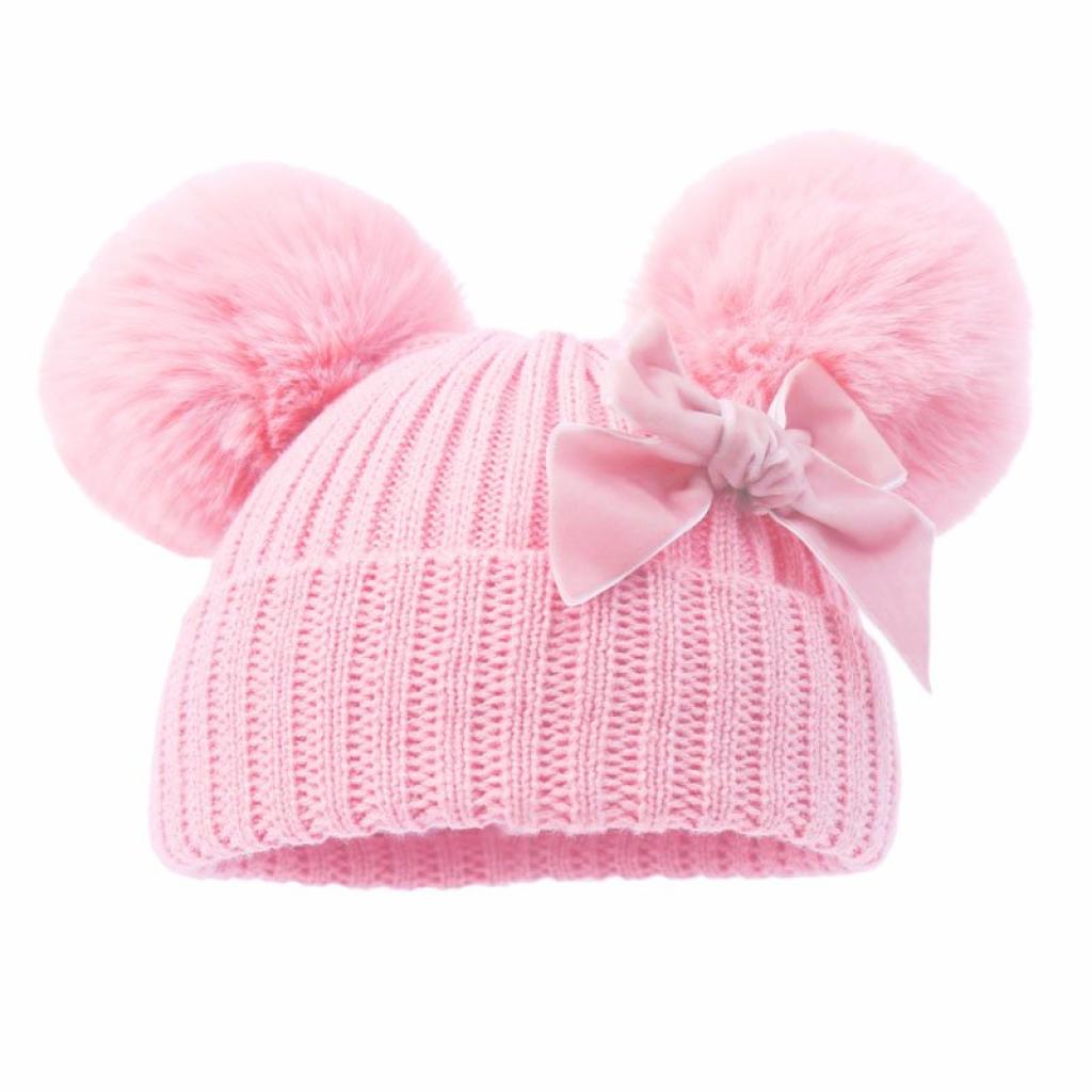 Pink Velvet Ribbon Pom Pom Hat