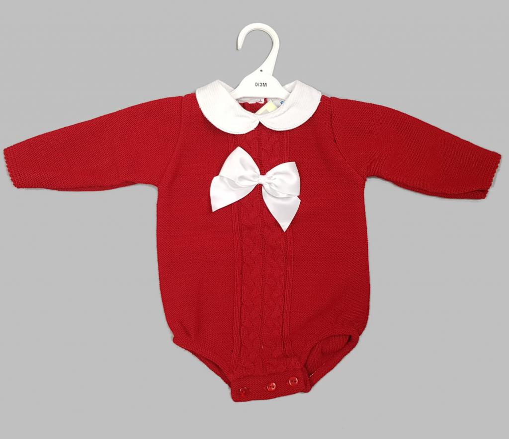Red Bow And Lace Knitted Romper