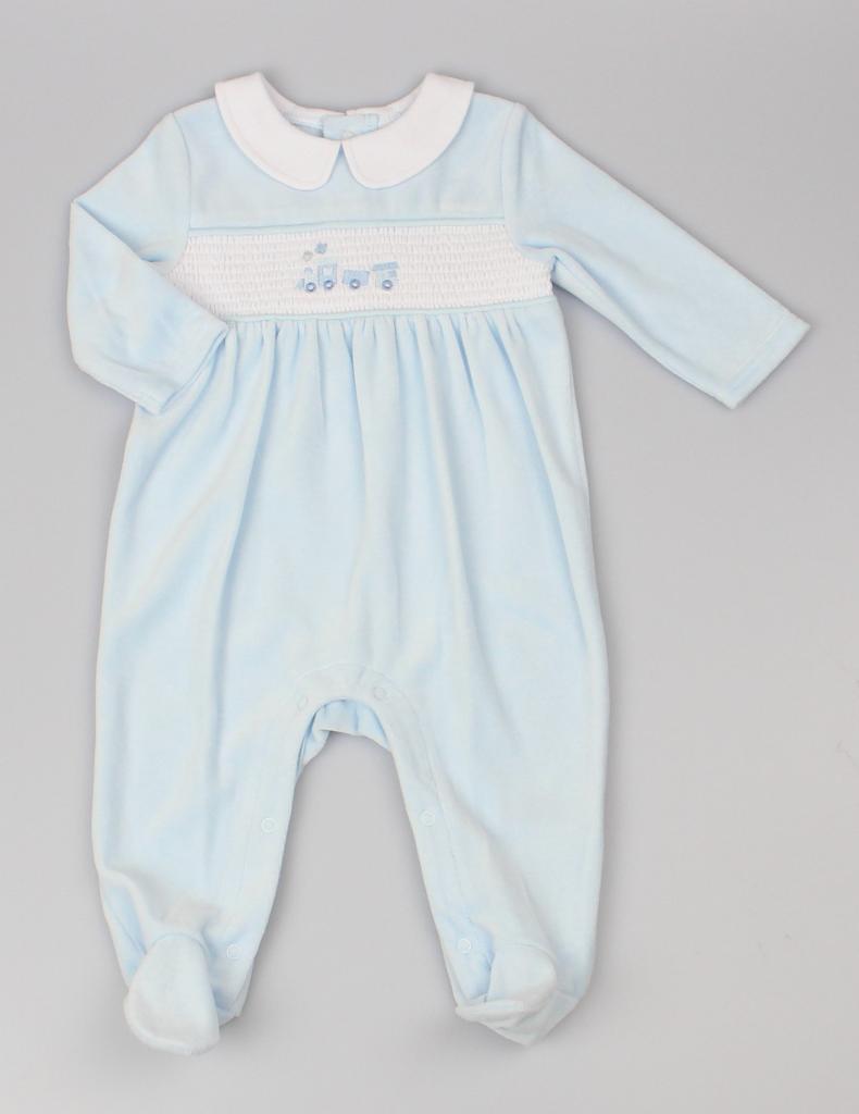 Blue Smocked “Train” Velour All In One