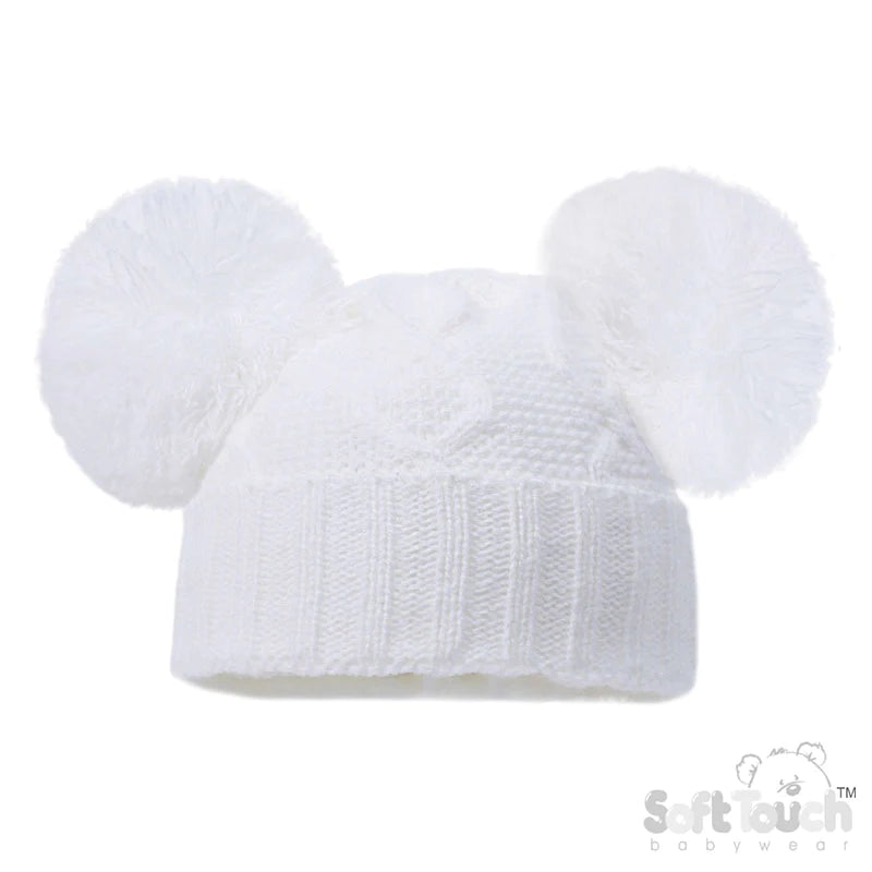 White Chain Knit Hat With Pom Poms