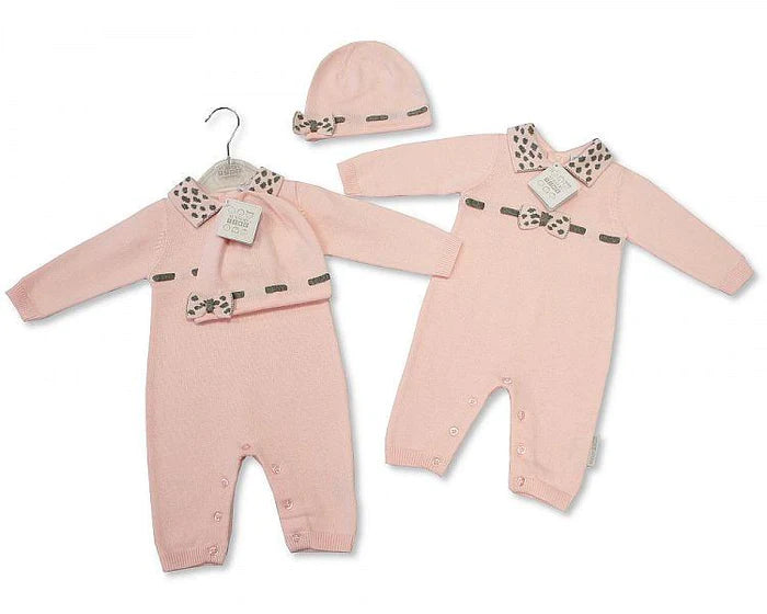 Pink Knitted Cotton Romper With Hat