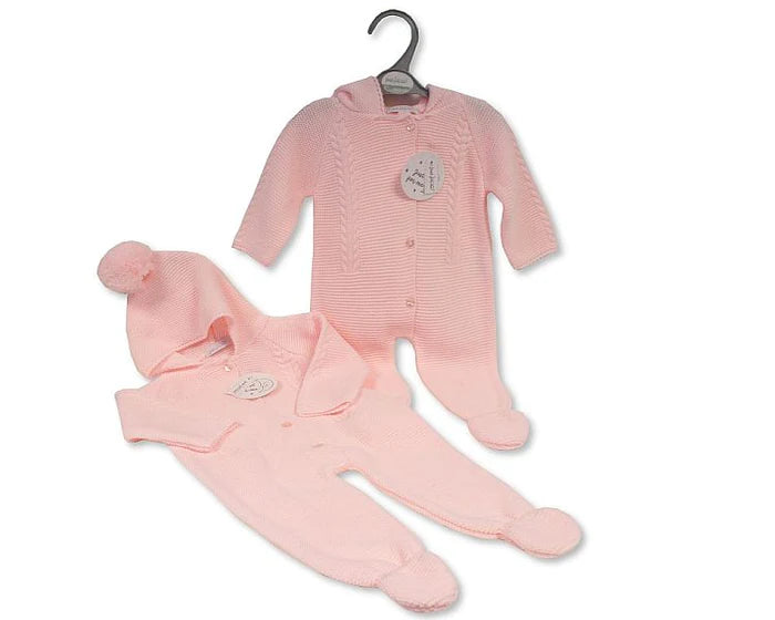 Pink Knitted All in One Pramsuit with Hood