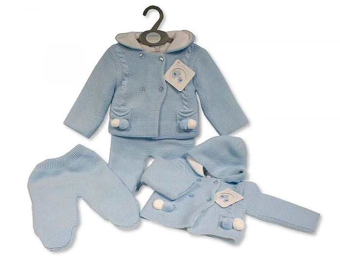 Blue Knitted 2 Piece Pram Set with Hood