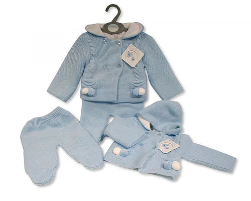 Blue Knitted 2 Piece Pram Set with Hood