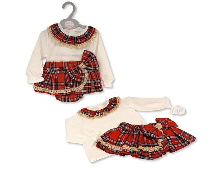 Girls 2 Piece Tartan Skirt Set with Lace And Bow