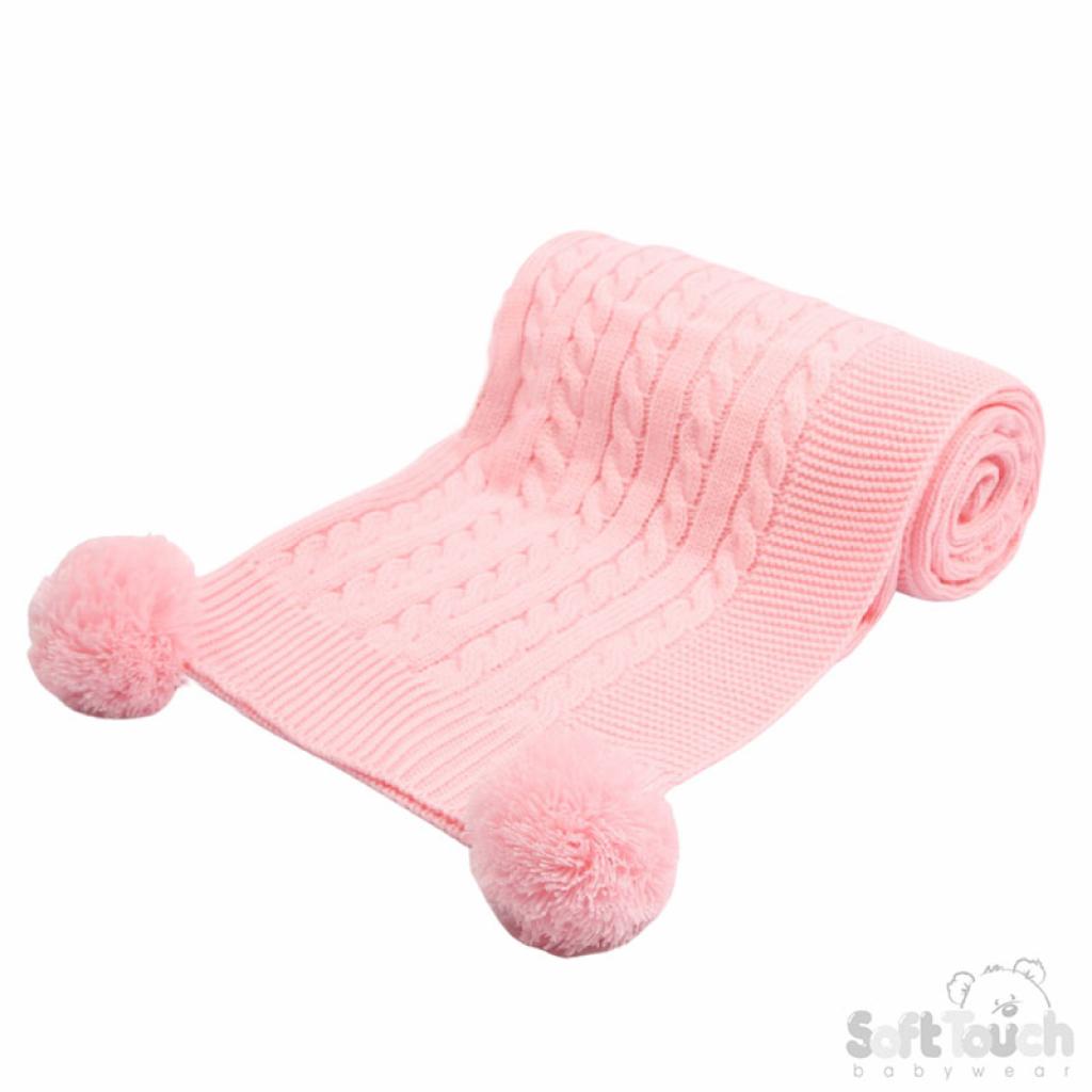 Cable Knit Blanket With Pom Poms