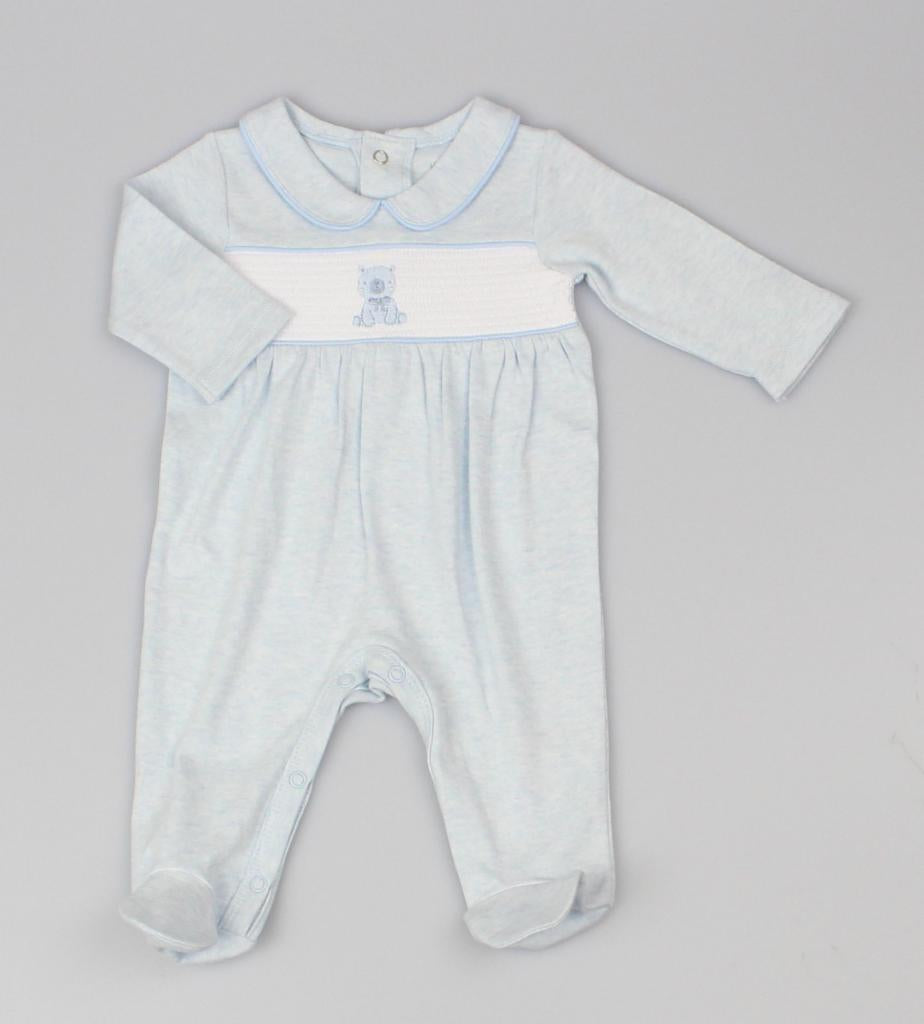 Blue Marl “Bear” Smocked All In One