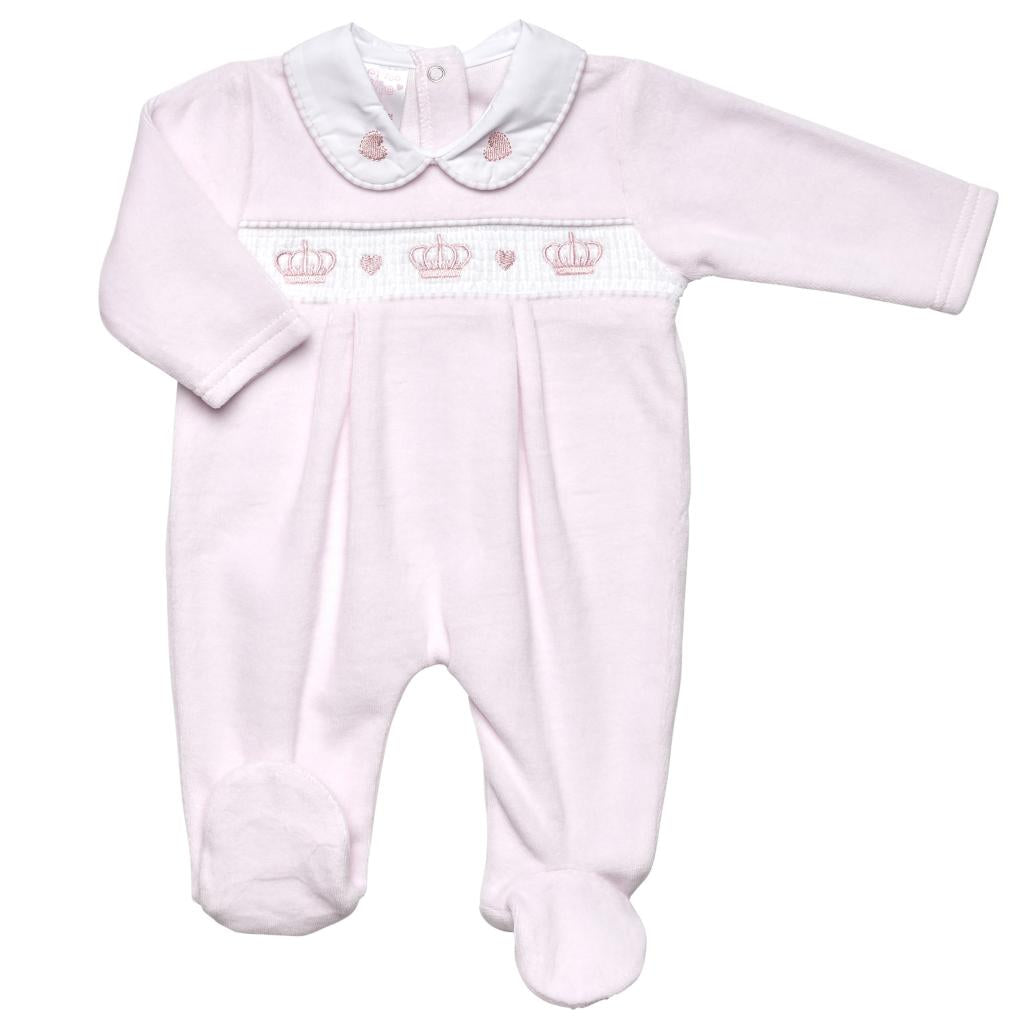 Pink “Crown” Smocked Velour All In One