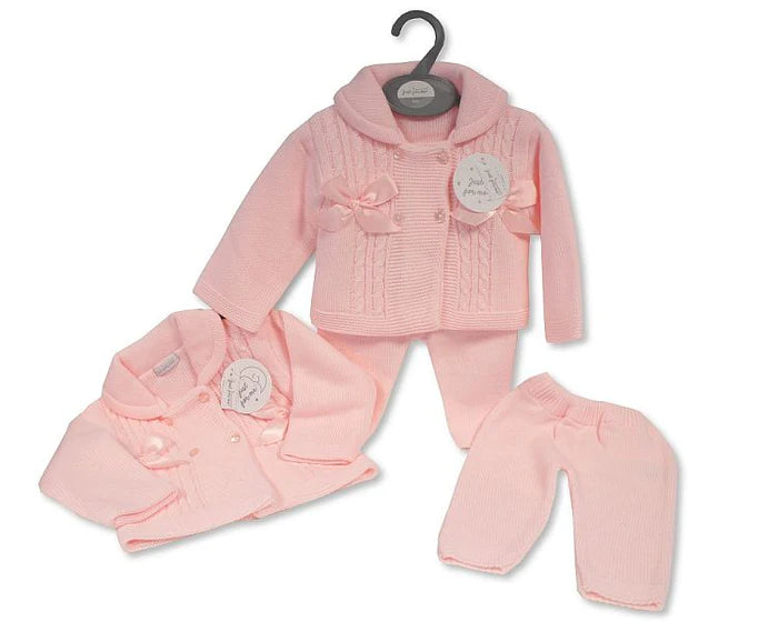 Pink Knitted 2 Piece Pram Set with Bows